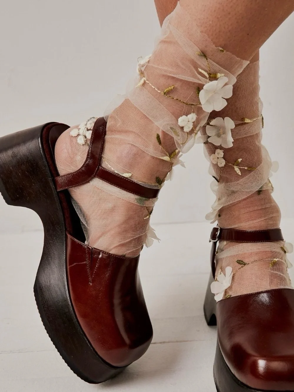 Anthropologie Sheer Floral Embroidered Ankle Socks in Nude and White